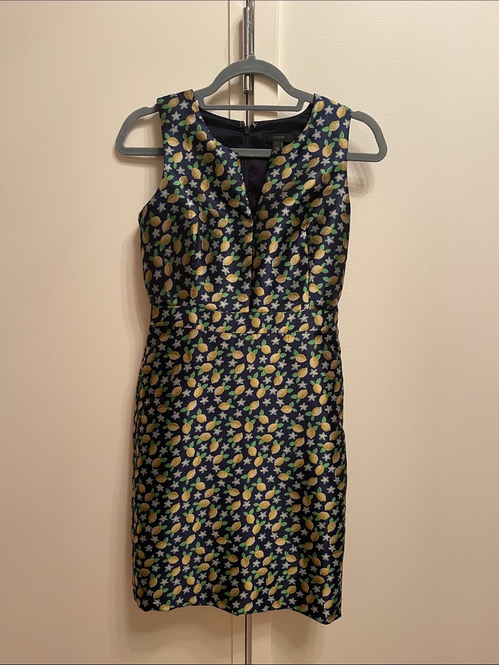 J. Crew Navy Midi Dress with Yellow Lemon & Green Leaf Print